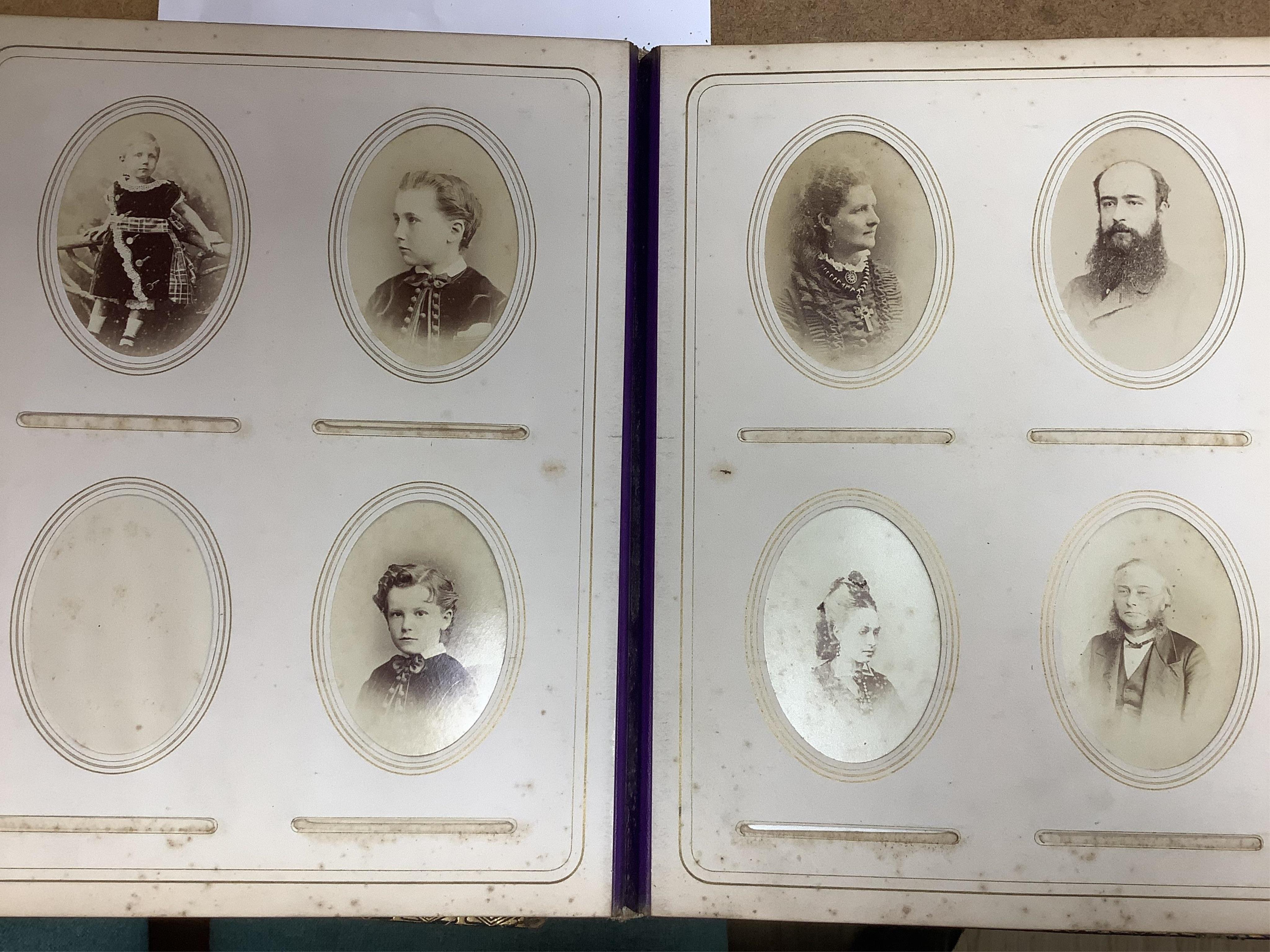 A Victorian malachite mounted amboyna family photograph album, 23cm x 30cm